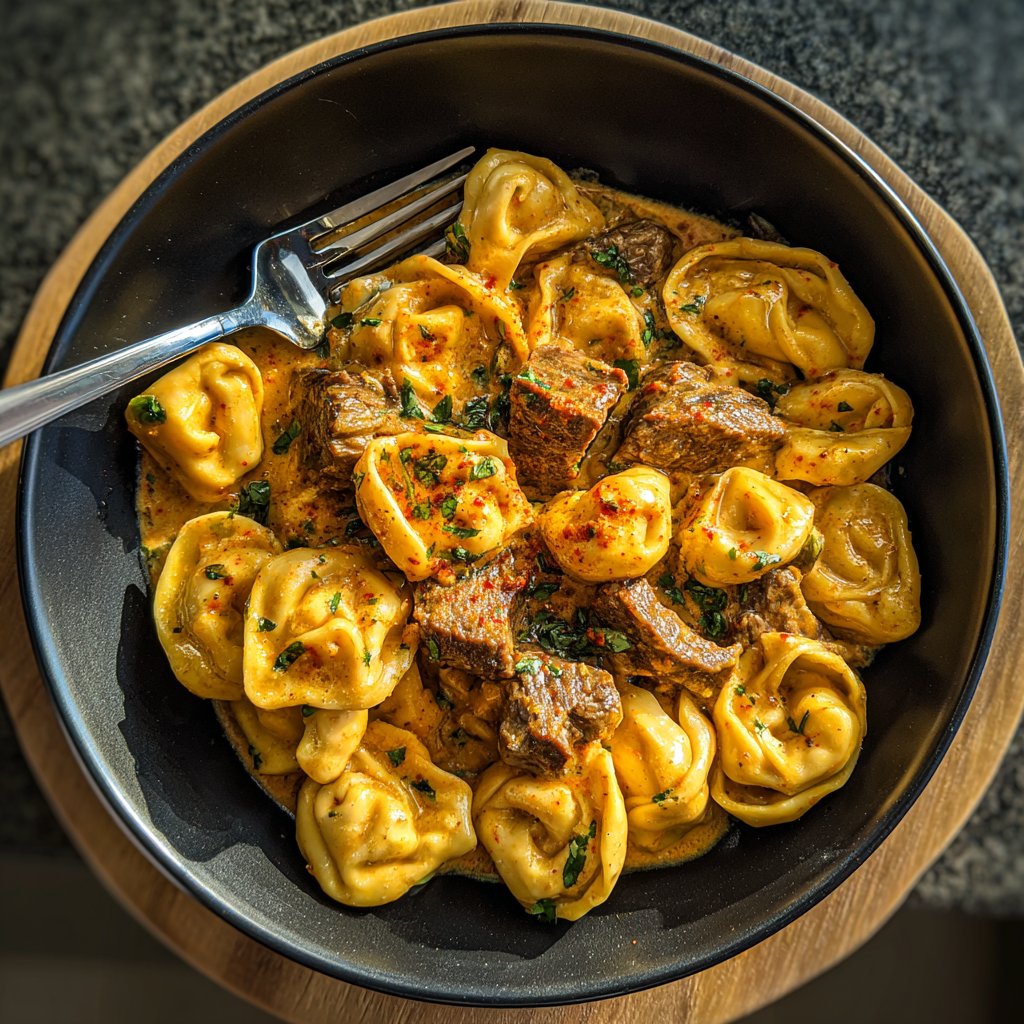Garlic Steak Tortellini with Smoky Paprika Cream